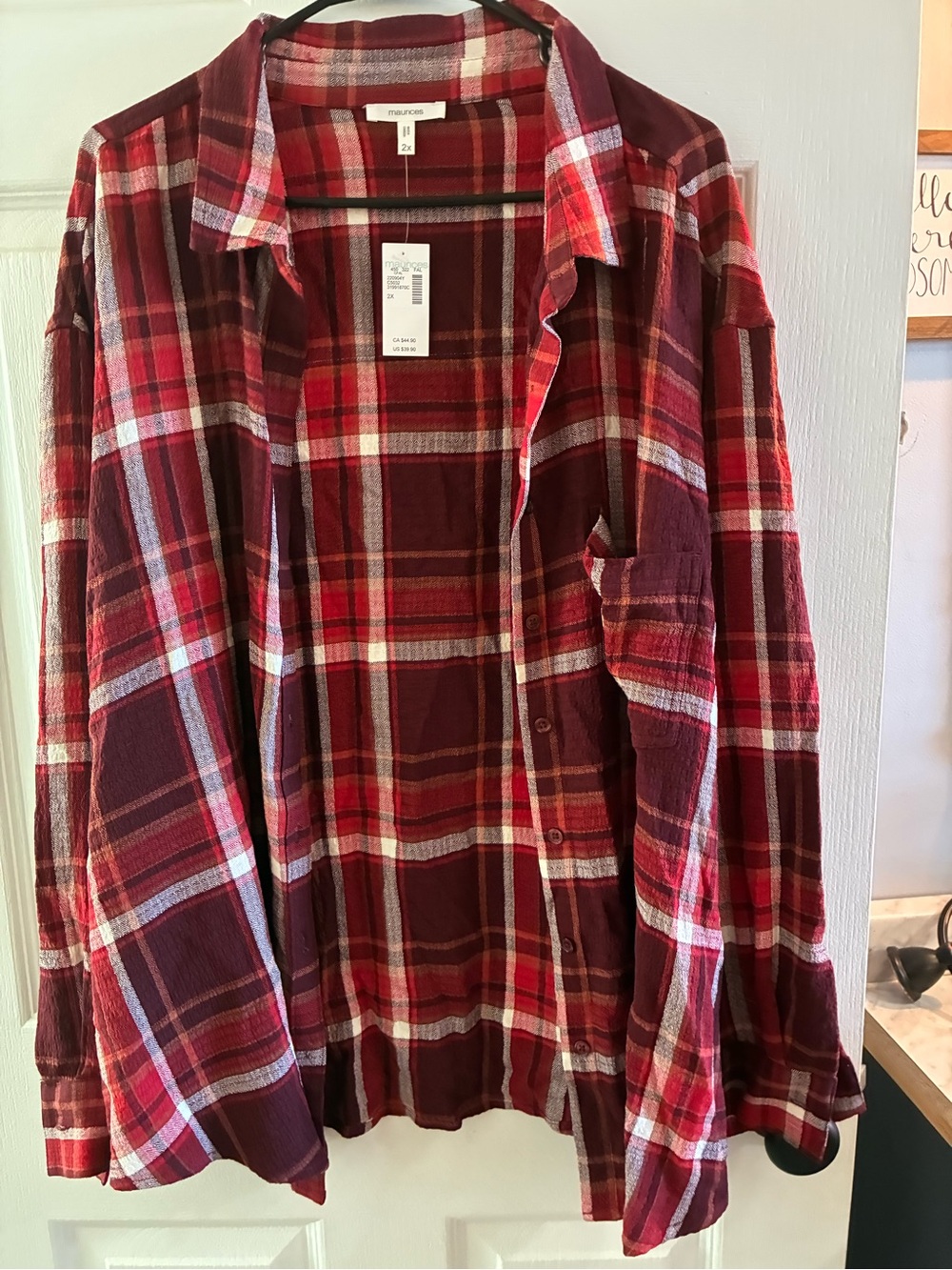 NWT Maurices 2X Plaid Button Front Shirt Plus Size Red Burgundy Flannel